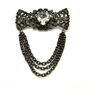 Gothic Gunmetal Brutalist Brooch With Acrylic Heart & Triple Chain Accent